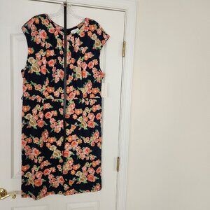 Charter Club Pleated Scoop Neckline Navy Coral Flowered Dress Cap Slv Sz 18 NWT